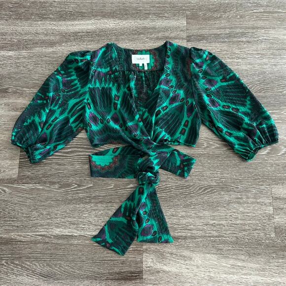 NWOT BA&SH Cally Ikat-print Gauze Crop Top Blouse In Vert Side Tie  Size Small - Picture 3 of 14